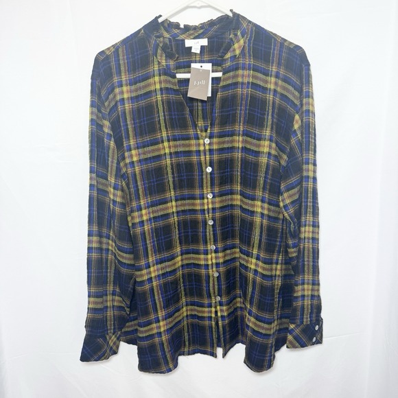 J Jill XL Crinkle Plaid Blouse Ruffle Neck Mandarin Collar Button Front - Picture 3 of 11